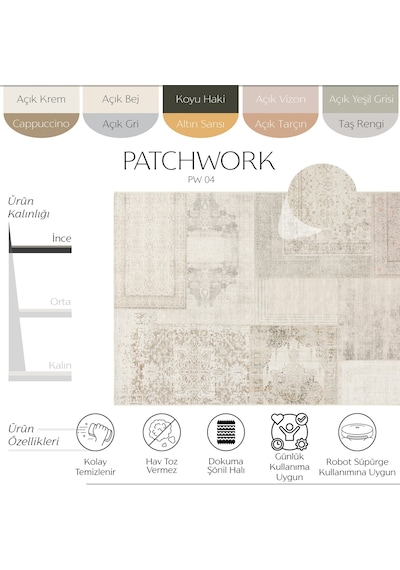 Cool Halı Patchwork Krem Bej Vintage Eskitme Bohem Desenli Şönil İnce Halı Salon Oturma Odası Halısı