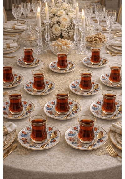 12 Li Yaldızlı İznik Motif Porselen Çay Tabağı Desenli Çay Tabak Çok Renkli