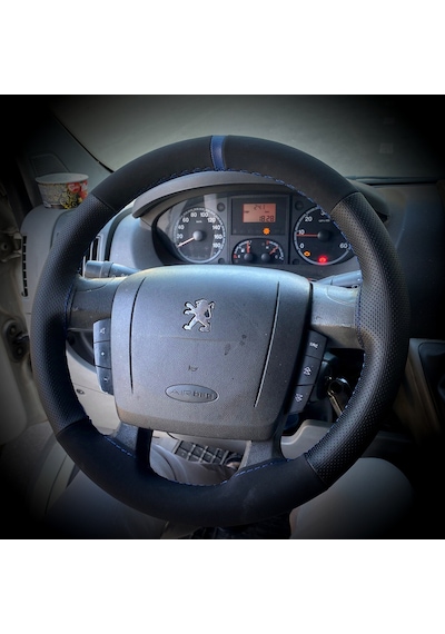 Dikişli Direksiyon Kılıfı Nubuk Noktalı Deri Mavi Yüzük Mavi Dikişli Peugeot Boxer İçin Mavi Dikişli