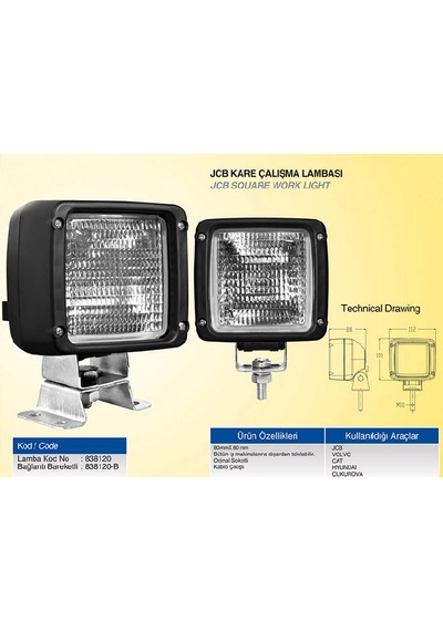İş Makinası Jcb Çalışma Lambası Kare 80x80 Ampüllü 24v 1 Adet