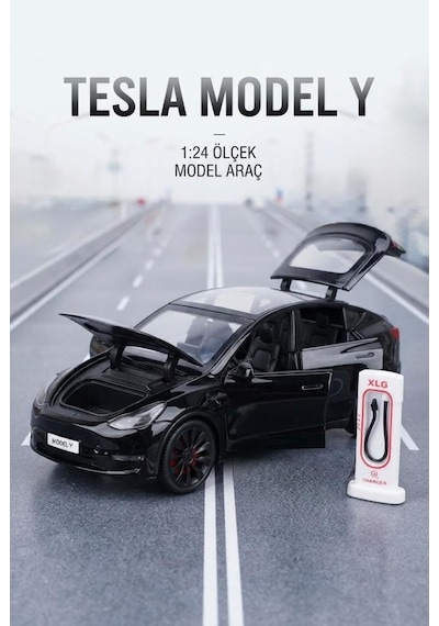 Tesla Model Y Model Şarj İstasyonlu Araç 1:24 Ölçek 6 Kapı Açılır Sesli, Işıklı Standlı Metal Araba