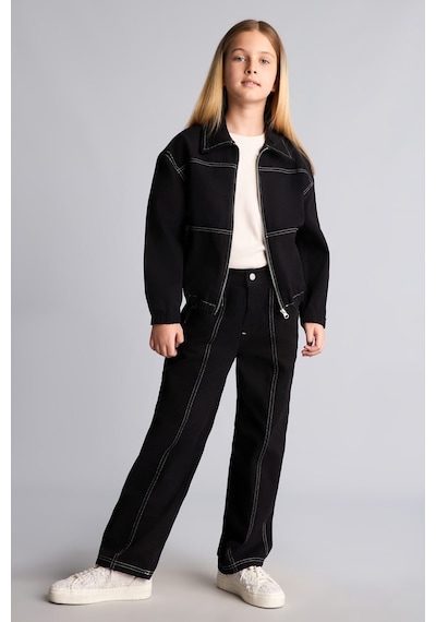 Defacto Kontrast Dikişli Barrel Fit Esnek Bantlı Paça Gabardin Pantolon Kız Çocuk I3480a826wnbk81 Siyah-bk81