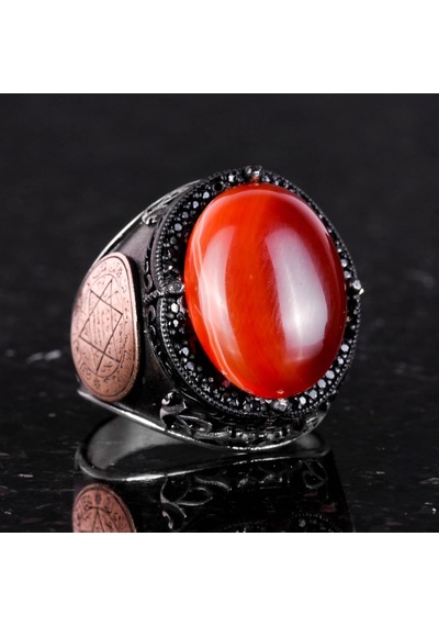 Gerçek Doğal Kırmızı Akik Taş Yüzük, 925 Ayar Gümüş Yüzük, Süleyman Yıldızı Yüzük Gümüş