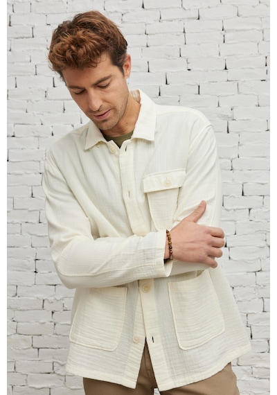 AC&Co / Altınyıldız Classics Erkek Bej Comfort Fit Rahat Kesim Gizli Düğmeli Yaka %100 Pamuk Kışlık Gömlek Ceket Bej