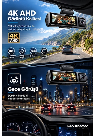 Harvox 4k Max 3 Kameralı Araç Kamerası Wifi Gps Adas Bsd 24 Saat Park Modu Gece Görüşü