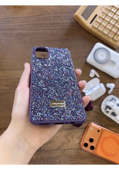 Samsung A06 Uyumlu Kadife İç Yüzey Tasarımlı Taşlı Işıltılı Parlak Pırlanta Kılıf Dia Plus Mor