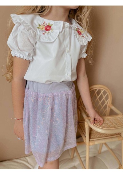 Miniko Kids Kız Çocuk Kısa Kol Gömlekli Pullu Etekli Bayramlık Takım Lila