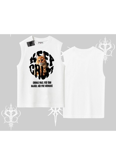 Startmore Startmore Keep Calm Yazılı Kedi Baskılı Streetwear Kolsuz Tshirt Beyaz