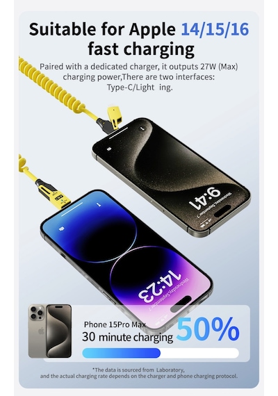 65w Çok Hızlı Kopmaz Spiral 4 Başlıklı Altın Uç Hızlı Şarj Kablosu Tüm Telefon Tabletler İçin Uyumlu Carplay