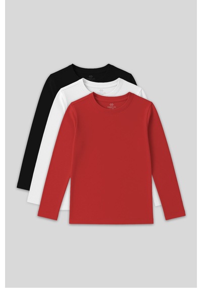 Standart Fit Basic O Yaka 3lü Paket Siyah-beyaz-fiesta Unisex Çocuk T-shirt - 11329 Siyah - Kırmızı