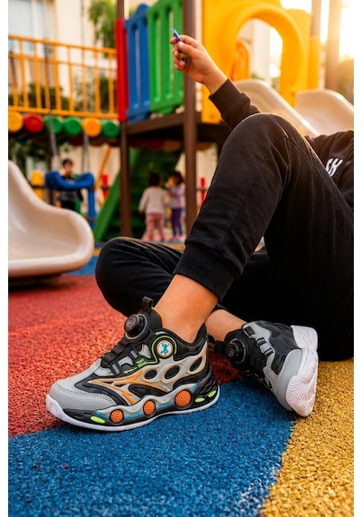 Ht Hotin Rush Çocuk Günlük Işıklı Spor Ayakkabı Pratik Bağlama Detaylı Sneaker - Gri-siyah
