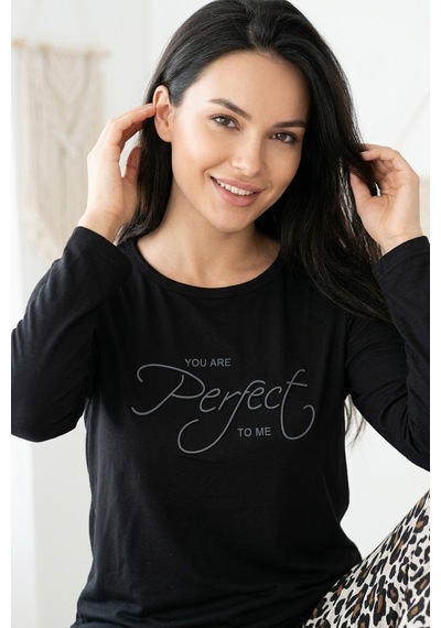 Aura Collections Kadın Desenli Bambu Viskon Uzun Kollu Soft Örme Mevsimlik Pijama Takımı Siyah