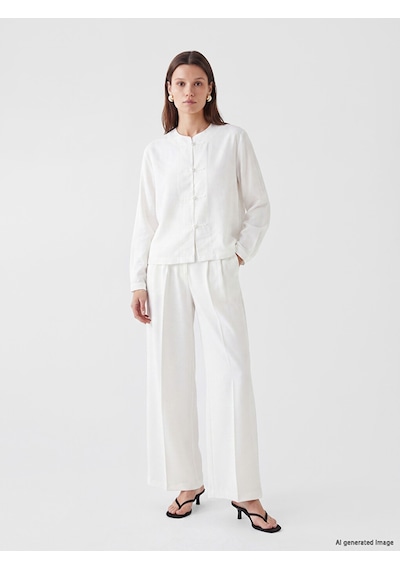 Lcw Modest Ekru Loose Fit Keten Görünümlü Kadın Pileli Pantolon