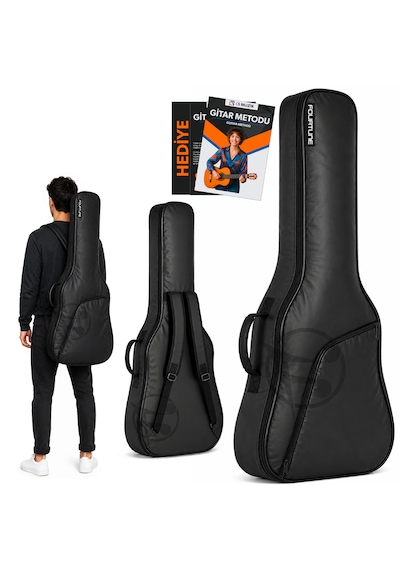 Fourtune Luca Siyah Akustik Gitar Kılıfı Kalın Taşıma Çantası Eğitim Metodu Hediye