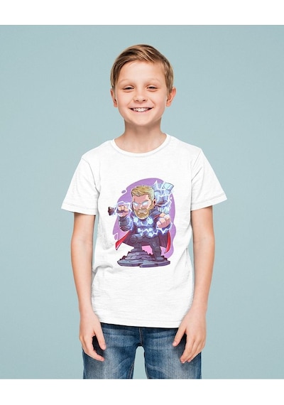 Sevbano Tasarım Thor Baskılı Unisex Yenilmezler Film Çocuk Tişört 1-12 Y Beyaz