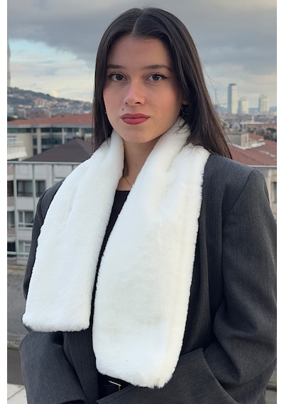 Mollycrush Peluş Yumuşak Soft Atkı Kışlık Suni Kürklü Beyaz Kadın Atkısı Beyaz