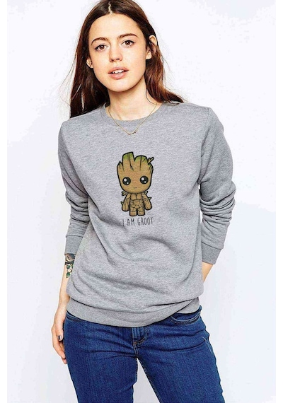 I Am Groot Baskılı Gri Kadın Sweatshirt (534593549)