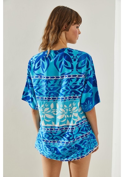Shade Kadın Etnik Desenli Kısa Kollu Viskon Kimono 60251374 - Mavi
