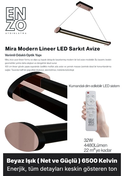 Mira Rose Gold Lineer Led Sarkıt Avize Kumandalı Dim Edilebilir Aşağı Işık Beyaz Işık