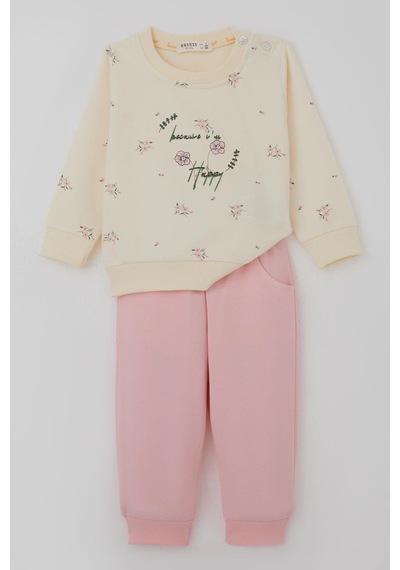 Breeze Kız Bebek Eşofman Takımı Pembe Çiçek Desenli 6 Ay-2 Yaş, Krem Krem