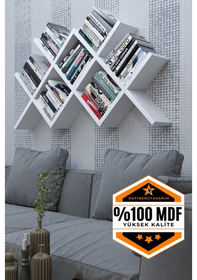 Mdf Kitaplık Bölmeli Raflı Dekoratif Tasarımlı Beyaz