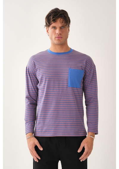 Cep Detaylı Çizgili T-shirt Mavi