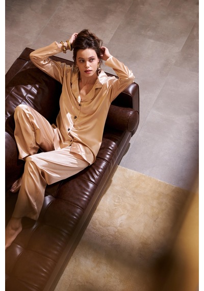 Akbeniz Kadın Bej Oversize Saten Pijama Takımı