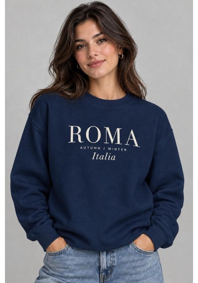 Gıovera Roma Şehir Koleksiyonu Pamuklu Bisiklet Yaka Kadın Sweatshirt Lacivert