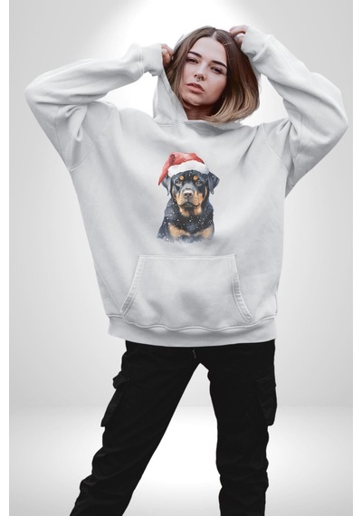 Yeni Yıl Noel Rottweiler Kadın Erkek Beyaz Kapüşonlu Sweatshirt Hoodie Beyaz