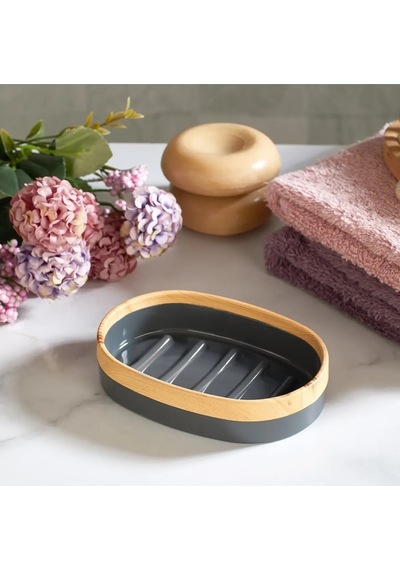 Bersachef Limpia Bambu Desenli 5'li Banyo Seti Çöp Kovası Sıvı Sabunluk Diş Fırçalık Kutusu Banyo Seti Gri