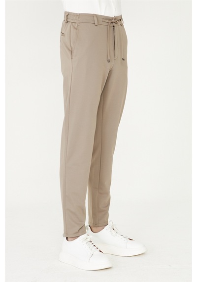 Bej Modern Kesim Bağcıklı Smart Casual Jogger Pantolon VİZON