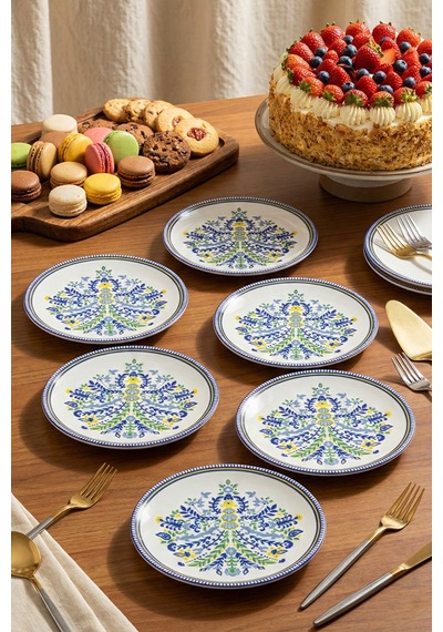 Grandora Renkli Desenli 6'lı Pasta Servis Tabağı 20 Cm - Şık Çiçekli Pasta Ve Tatlı Tabağı Seti Çok Renkli