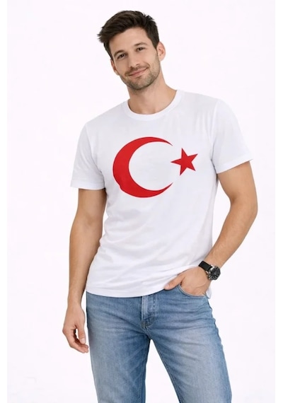 Modi Green Baskılı Erkek Günlük Stil Beyaz Kısa Kol Bisiklet Yaka Ay Yıldız