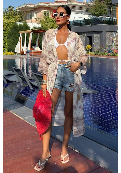 WeShaya Kadın Multi Desenli Kruvaze Şifon Kimono Çok Renkli