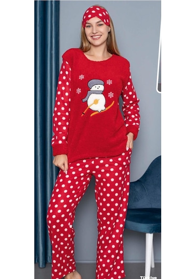 Polkan 17847 Polar Kırmızı Puanlı Kardan Adam Pijama Takım Kırmızı
