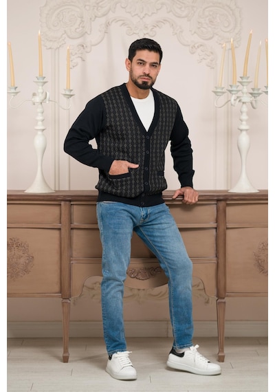 Woolen World Regular Fit V Yaka Ön Cepli Desenli Triko Hırka Lacivert