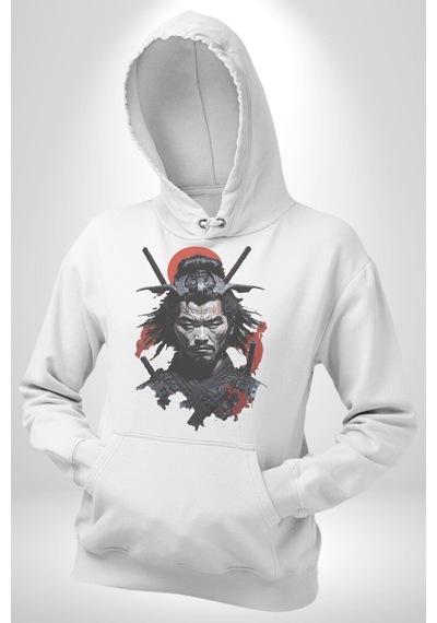 Asyalı Japon Samuray Savaşcı Kadın Erkek Beyaz Kapüşonlu Sweatshirt Hoodie Beyaz