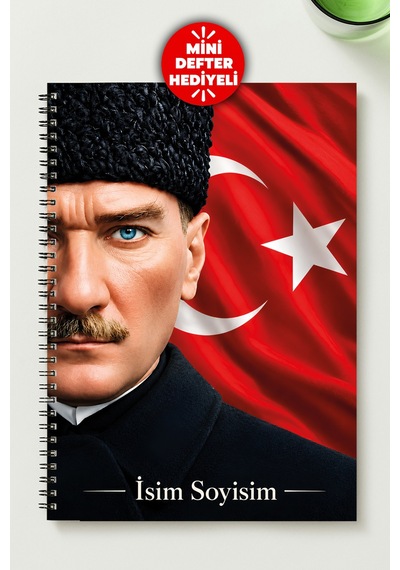 Atatürk Temalı A5 Metal Spiralli Çizgili Karton Kapak Atatürk Temalı A5 Çizgili Defter Siyah