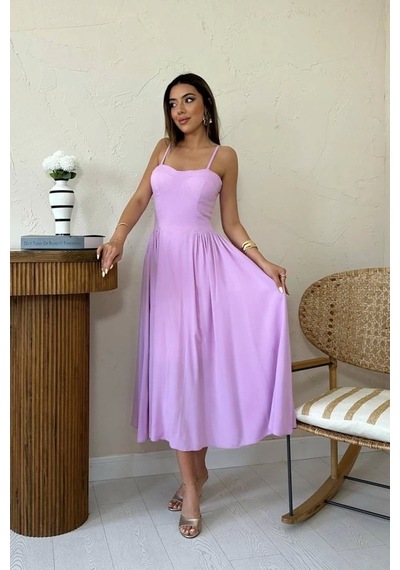 Defymoda Lila Göğüs Kuplu Uzun Büzgülü Elbise Lila