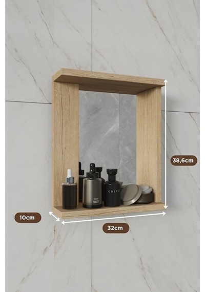 Menekşe Aynalı %100 Mdf Duvar Rafı Lefkas Meşe
