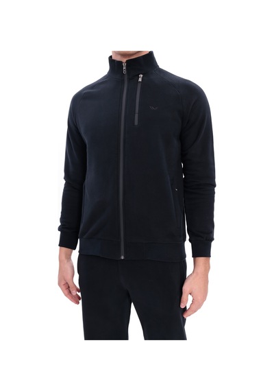 Rowinger 3 İplik Kalın Dokulu Pilot Yaka Velör Şeritli Tam Fermuarlı Erkek Sweatshirt Black