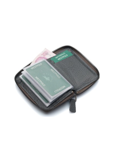 Westpolo Hakiki Deri Bol Şeffaf Kart Bölmeli Fermuarlı Unisex Cüzdan - Gri Gri