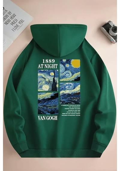 Vangogh Baskılı Oversize Sweatshirt Yeşil
