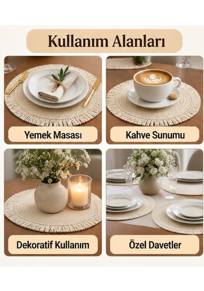 Mucit Home Krem Püsküllü Hasır Supla Yuvarlak Amerikan Servis Tabak Altlığı Dekoratif Örgü Sofra Matı Kahverengi