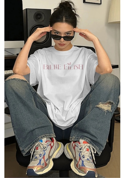 Sevbano Vintage Billie Eilish Şarkıcı Baskılı Unisex Oversize Premium Tiş Beyaz