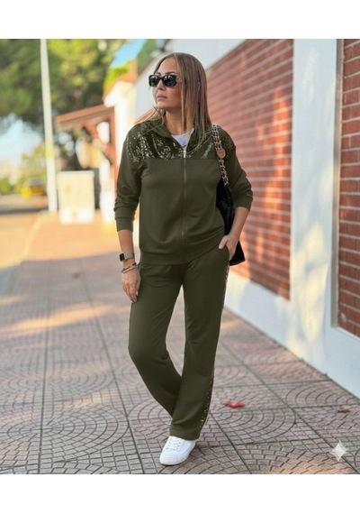 Hazego Kadın Uzun Kollu Önden Fermuarlı Pul Payetli Alt Üst Viskon Iki Iplik Takım Yeşil
