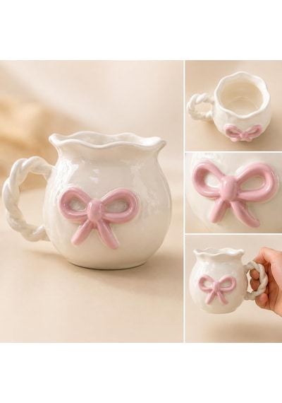 Donna Pembe Fiyonklu Seramik Kupa - 350 Ml Kahve Ve Çay Kupası Beyaz - Çok Renkli