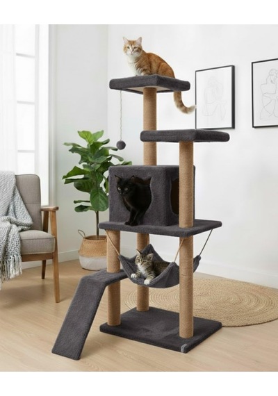 Pet S9 Kedi Tırmalama Kulesi Platformlu 124 Cm Antrasit