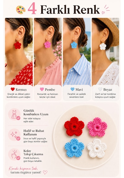Küpe Süsü 4 Renk Çiçek Küpe Aksesuarı Değiştirilebilir Çıkarılabilir Küpe Moda Aksesuarı Hafif El Yapımı Beyaz