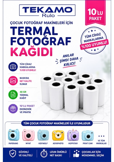 Çocuk Fotoğraf Makinesi Kağıdı Tüm Mini Cihazlara Uyumlu 10 Adet